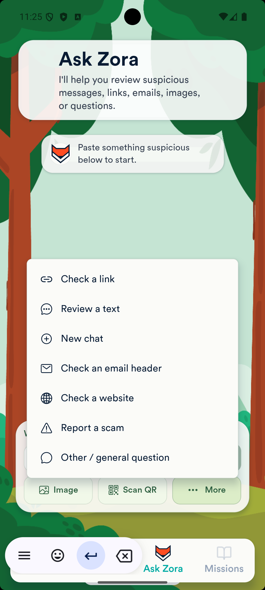Ask Zora screen showing options to check a link, review a text, check an email header or website, scan a QR code, upload an image, report a scam, or ask a general question