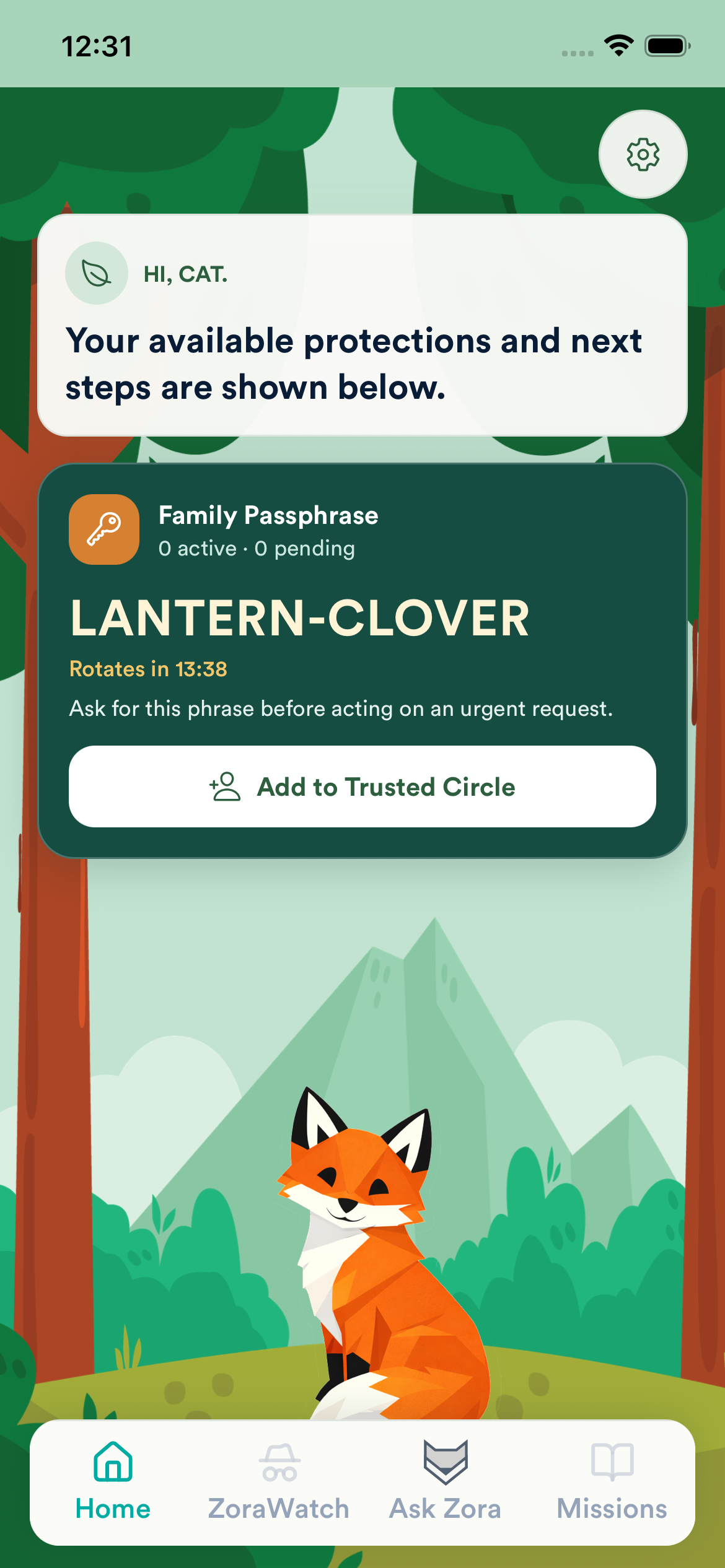 ZoraSafe Family Passphrase screen with an option to add trusted people to a shared verification circle