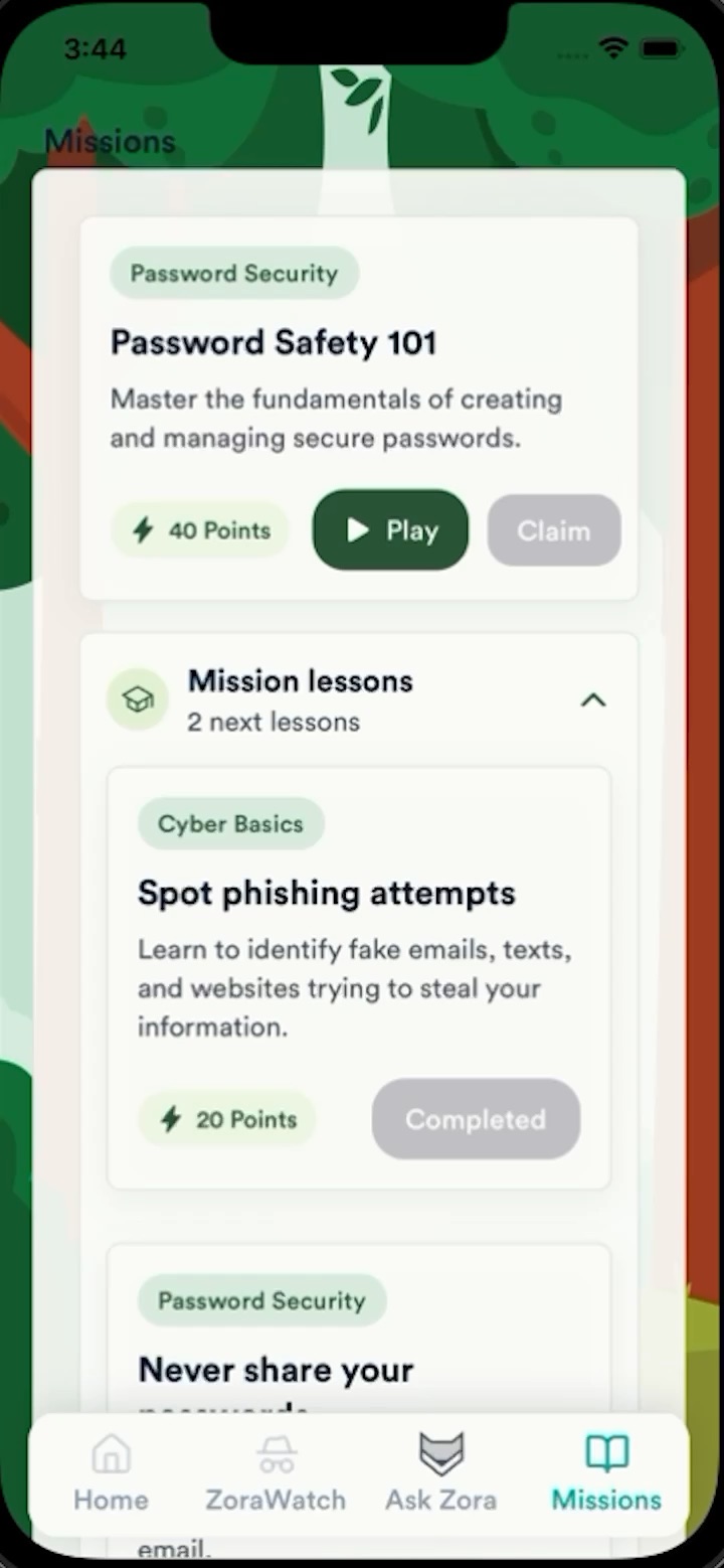 ZoraSafe Missions screen offering short lessons about password safety and spotting phishing attempts